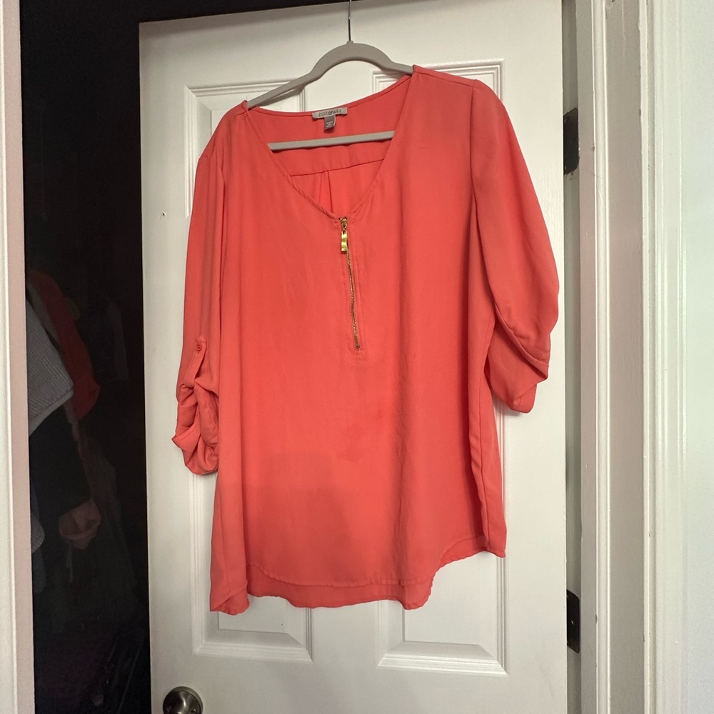Roz & Ali Orange and Pink Cuffed Sleeve Blouse